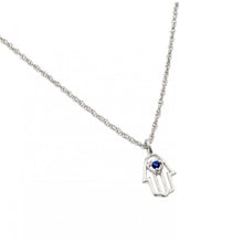 Load image into Gallery viewer, Sterling Silver Necklace with Stylish Hamsa Centered with Blue Sapphire Cz PendantAnd Chain Length of 18  AdjustableAnd Pendant Dimensions: 16.3MMx8.8MM