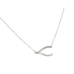 Sterling Silver Necklace with Sideways Wishbone Inlaid with Clear Czs PendantAnd Chain Length of 18  AdjustableAnd Pendant Dimensions: 11.8MMx19.5MM