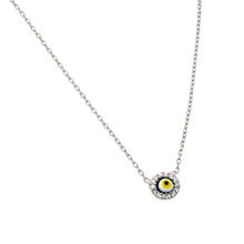 Load image into Gallery viewer, Sterling Silver Necklace with Fancy Yellow Evil Eye Inlaid with Clear Czs PendantAnd Chain Length of 18  AdjustableAnd Pendant Diameter: 7.6MM