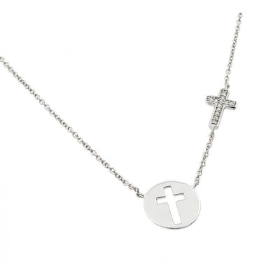 Sterling Silver Rhodium Plated Clear CZ Cross Cutout Pendant Necklace, 16 inches plus 2