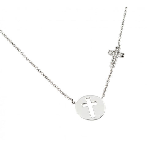 Sterling Silver Rhodium Plated Clear CZ Cross Cutout Pendant Necklace, 16 inches plus 2