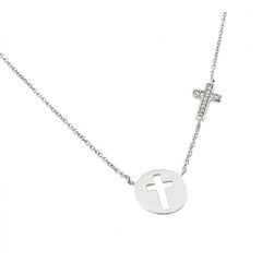 Sterling Silver Rhodium Plated Clear CZ Cross Cutout Pendant Necklace, 16 inches plus 2