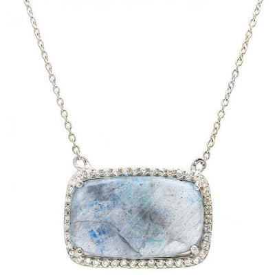 Sterling Silver Nickel Free Rhodium Plated Moonstone Necklace with Clear CZ Stones Outline