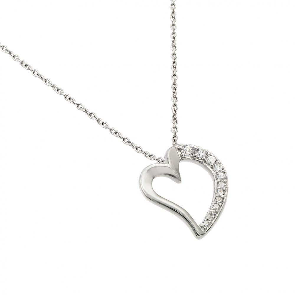 Sterling Silver Rhodium Plated Clear CZ Squished Heart Pendant Necklace
