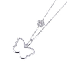 Load image into Gallery viewer, High Polished Sterling Silver Rhodium Plated Open Butterfly Necklace with Flower Paved CZ StonesAnd Adjustable Chain Length of 16-18 Inches