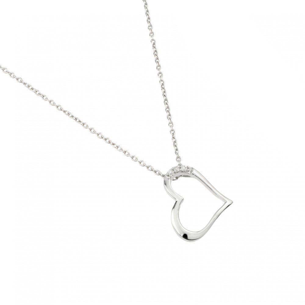 High Polished Sterling Silver Rhodium Plated Sideways Heart Necklace with Small Round CZ StonesAnd Chain Length of 16  Plus 2  Extension
