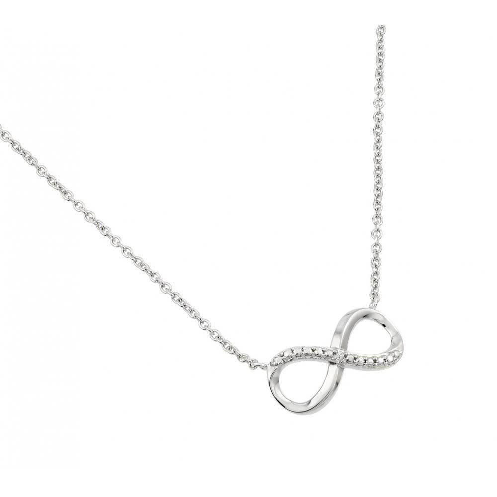 High Polished Sterling Silver Rhodium Plated Infinity NecklaceAnd Paved with Small Clear CZ Stones and Chain Length of 16  Plus 2  Extension