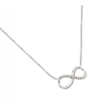 Load image into Gallery viewer, High Polished Sterling Silver Rhodium Plated Infinity NecklaceAnd Paved with Small Clear CZ Stones and Chain Length of 16  Plus 2  Extension