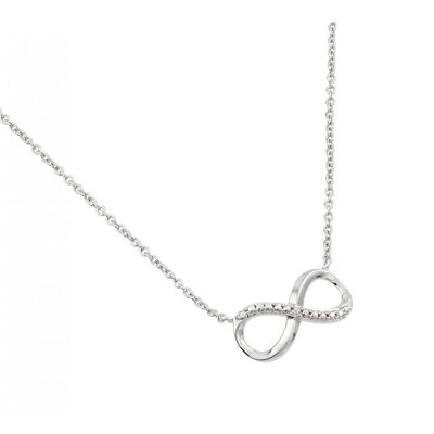 High Polished Sterling Silver Rhodium Plated Infinity NecklaceAnd Paved with Small Clear CZ Stones and Chain Length of 16  Plus 2  Extension