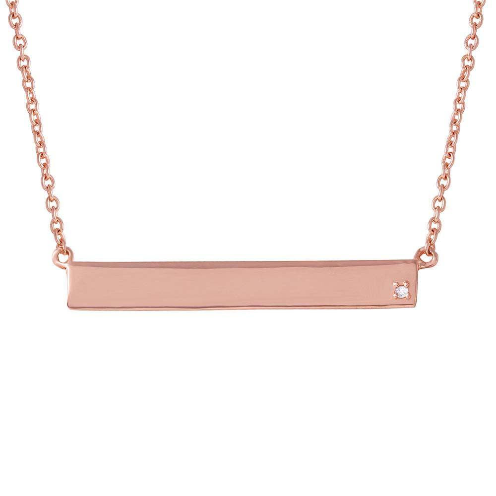 Sterling Silver Stylish Rose Gold Plated Bar Necklace with Small Round Cut CZ Stone