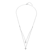 Load image into Gallery viewer, Rhodium Plated Sterling Silver Double Cross Necklace with CZ Stones and 2 Strand ChainAnd Lobster Claw Clasp and Chain Length of 16  Plus 2  Extension