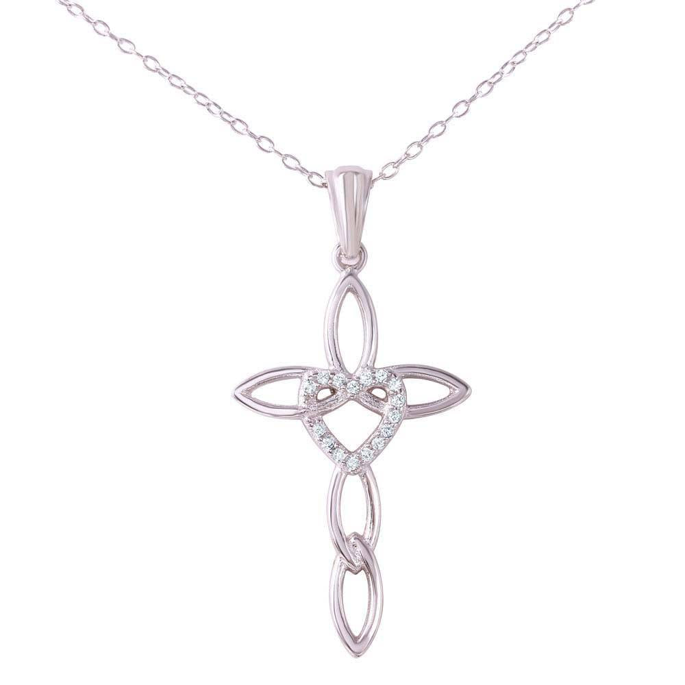 Sterling Silver Rhodium Plated Necklace with Fancy Cross and Centered Pave Heart PendantAnd Spring Clasp ClosureAnd Length of 16  with 2  extension