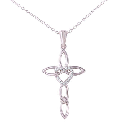 Sterling Silver Rhodium Plated Necklace with Fancy Cross and Centered Pave Heart PendantAnd Spring Clasp ClosureAnd Length of 16  with 2  extension