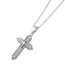 Load image into Gallery viewer, Sterling Silver Rhodium Plated Double Cross Necklace with Small Round Cut CZ StonesAnd Chain Length of 16  Plus 2  Extension
