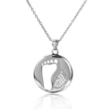 Load image into Gallery viewer, Rhodium Plated Sterling Silver Stylish Necklace with Cut Out and Paved CZ Foot DesignAnd Spring Ring Clasp