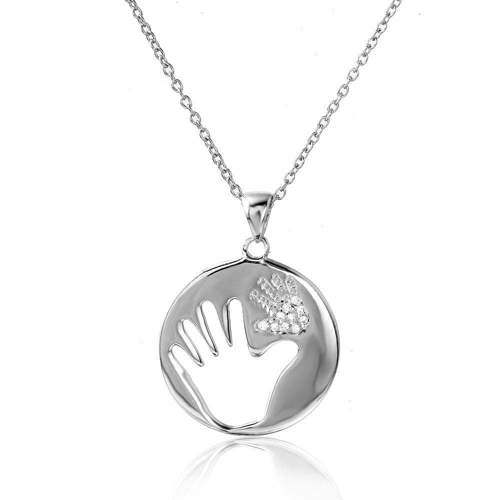 Rhodium Plated Sterling Silver Stylish Necklace with Cut Out and Paved CZ Hand DesignAnd Spring Ring Clasp