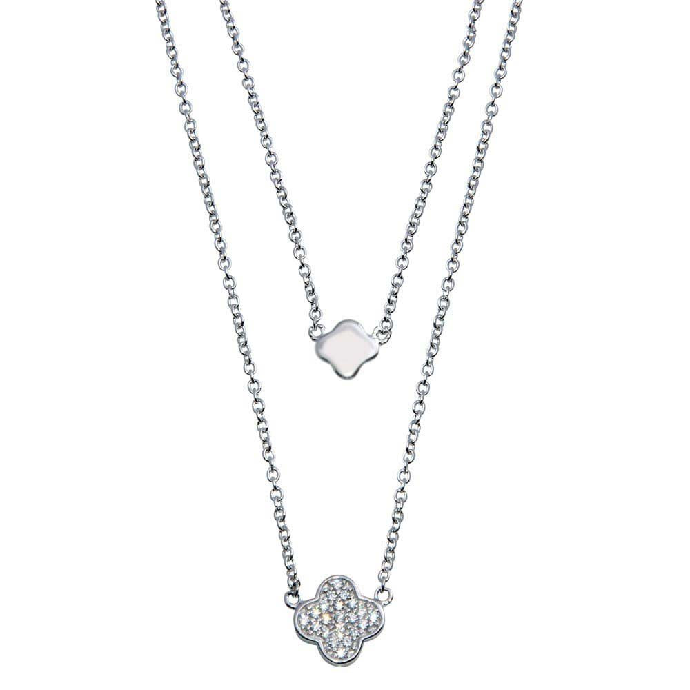 Rhodium Plated Sterling Silver Double Clover Necklace with Clear CZ StonesAnd Lobster Claw Clasp
