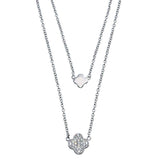 Rhodium Plated Sterling Silver Double Clover Necklace with Clear CZ StonesAnd Lobster Claw Clasp