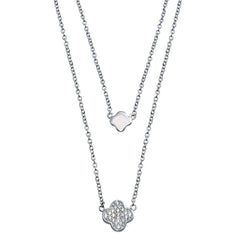 Rhodium Plated Sterling Silver Double Clover Necklace with Clear CZ StonesAnd Lobster Claw Clasp