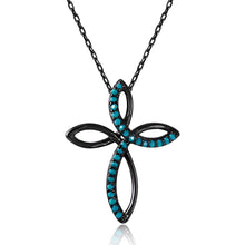 Load image into Gallery viewer, Black Rhodium Plated Sterling Silver Open Eternity Cross Necklace Paved with Synthetic Turquoise StonesAnd Pendant Dimension of 18.6MMx23.5MM and Spring Ring Clasp