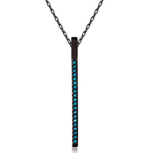 Load image into Gallery viewer, Black Rhodium Plated Sterling Silver Vertical Long Bar Necklace Paved with Synthetic Turquoise StonesAnd Spring Ring Clasp