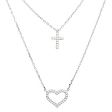 Load image into Gallery viewer, Sterling Silver Rhodium Plated Double Chain CZ Cross And CZ Open Heart Necklace