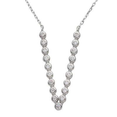 Sterling Silver Rhodium Plated Bubble V Shape CZ Necklace