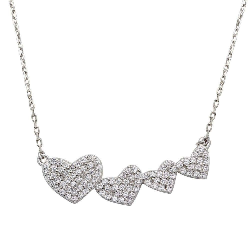 Sterling Silver Rhodium Plated 4 Graduated CZ Encrusted Heart Necklace