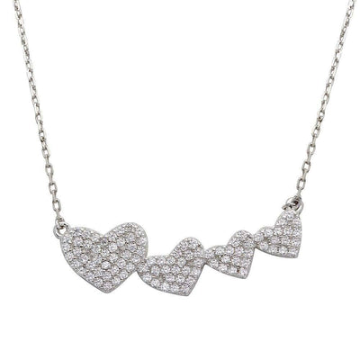 Sterling Silver Rhodium Plated 4 Graduated CZ Encrusted Heart Necklace