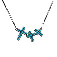 Load image into Gallery viewer, Sterling Silver Black RhodiumPlated Side By Side 3 Crosses Turquoise Stones Necklace