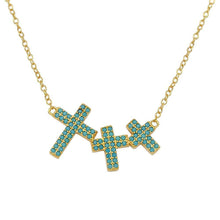 Load image into Gallery viewer, Sterling Silver Gold Plated Side By Side 3 Crosses Turquoise Stones Necklace