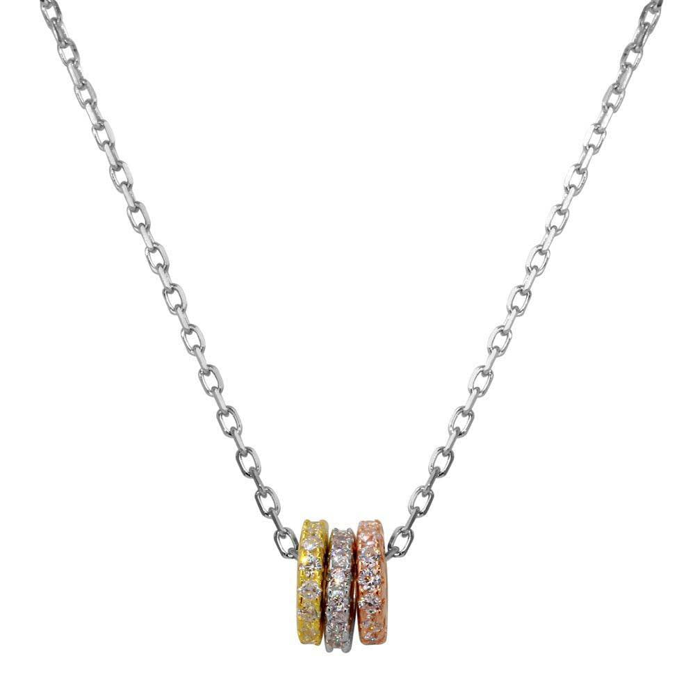 Sterling Silver Tri-Color Plated Trio Mechanic Ring Necklace with CZ