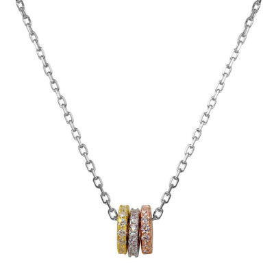 Sterling Silver Tri-Color Plated Trio Mechanic Ring Necklace with CZ