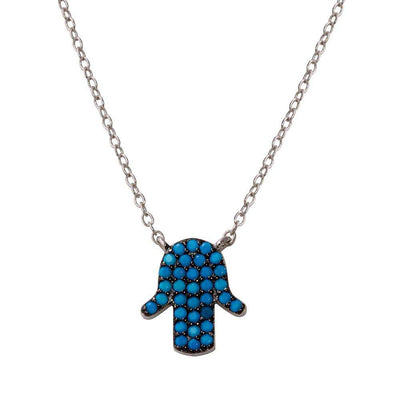 Sterling Silver Rhodium Plated Hamsa Necklace with Turquoise Beads Necklace