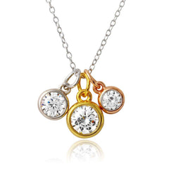 Sterling Silver Tri Color Plated Three Round CZ Necklace