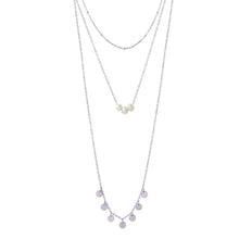 Load image into Gallery viewer, Sterling Silver Rhodium Plated Triple Strand Bead Fresh Water Pearl and Circle Confetti Necklace