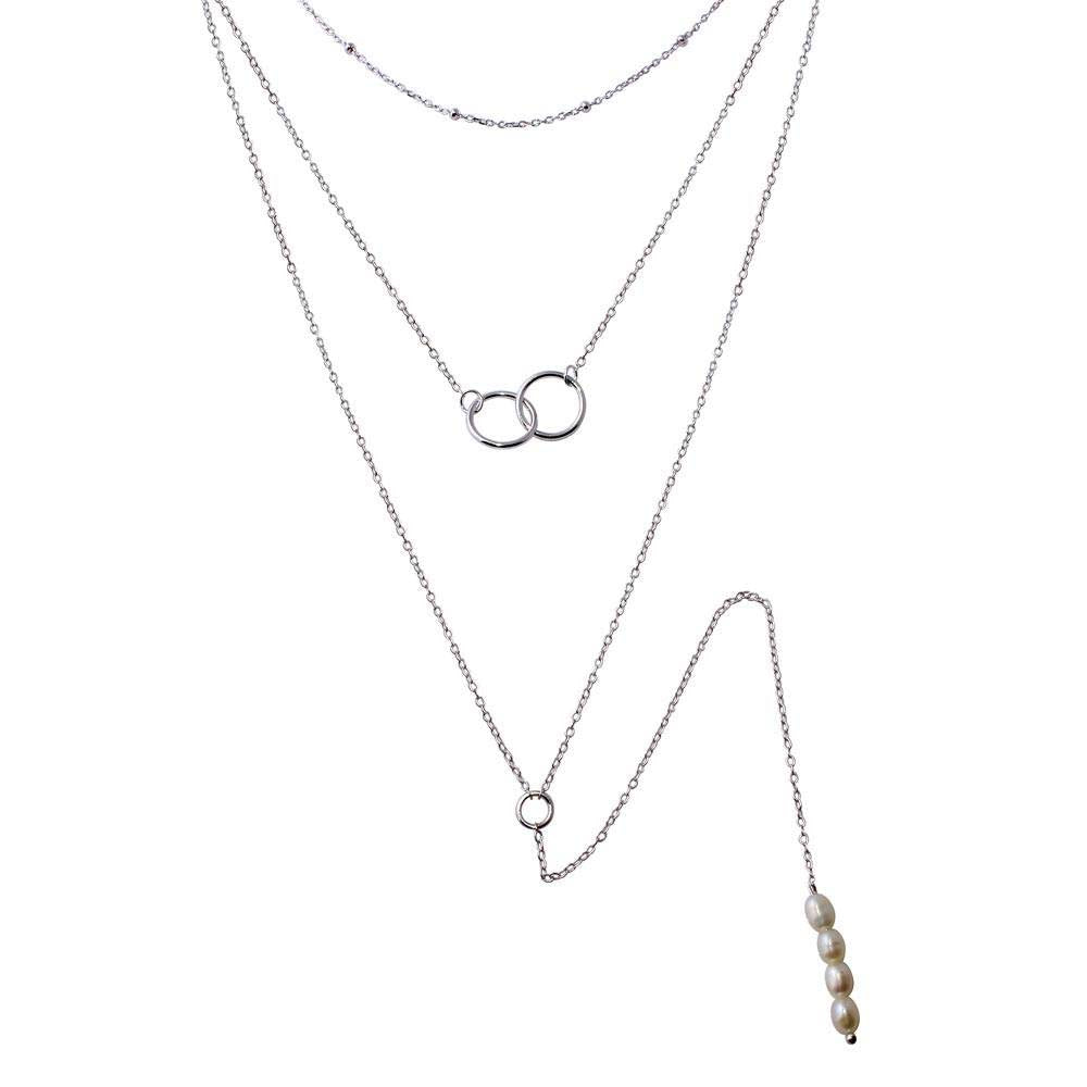 Sterling Silver Rhodium Plated Triple Strand Bead Interlocked Rings and Fresh Water Pearl Necklace