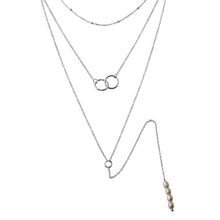 Load image into Gallery viewer, Sterling Silver Rhodium Plated Triple Strand Bead Interlocked Rings and Fresh Water Pearl Necklace