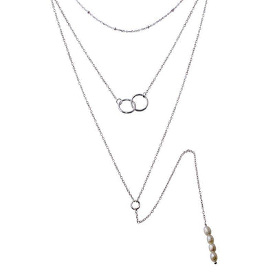 Sterling Silver Rhodium Plated Triple Strand Bead Interlocked Rings and Fresh Water Pearl Necklace