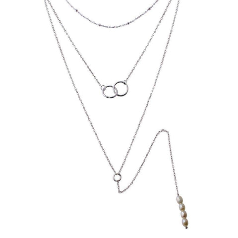 Sterling Silver Rhodium Plated Triple Strand Bead Interlocked Rings and Fresh Water Pearl Necklace