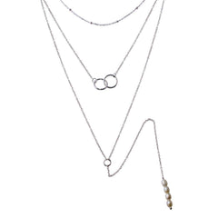 Sterling Silver Rhodium Plated Triple Strand Bead Interlocked Rings and Fresh Water Pearl Necklace