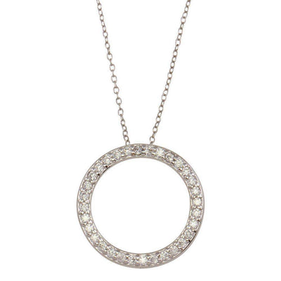 Sterling Silver Rhodium Plated Circle Pendant Necklace with CZ