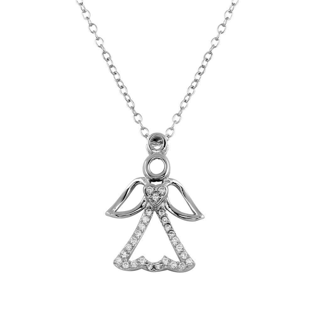 Sterling Silver Rhodium Plated Small Angel Heart Pendant with CZ