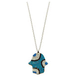 Sterling Silver Rhodium Plated Blue Hamsa with CZ Necklace