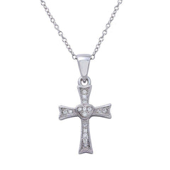 Sterling Silver Rhodium Plated Small Cross .925 Pendant with Heart Center and CZ