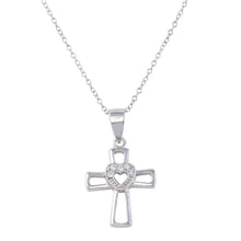 Load image into Gallery viewer, Sterling Silver Rhodium Plated Small Open Cross with Heart Center and CZ Necklace