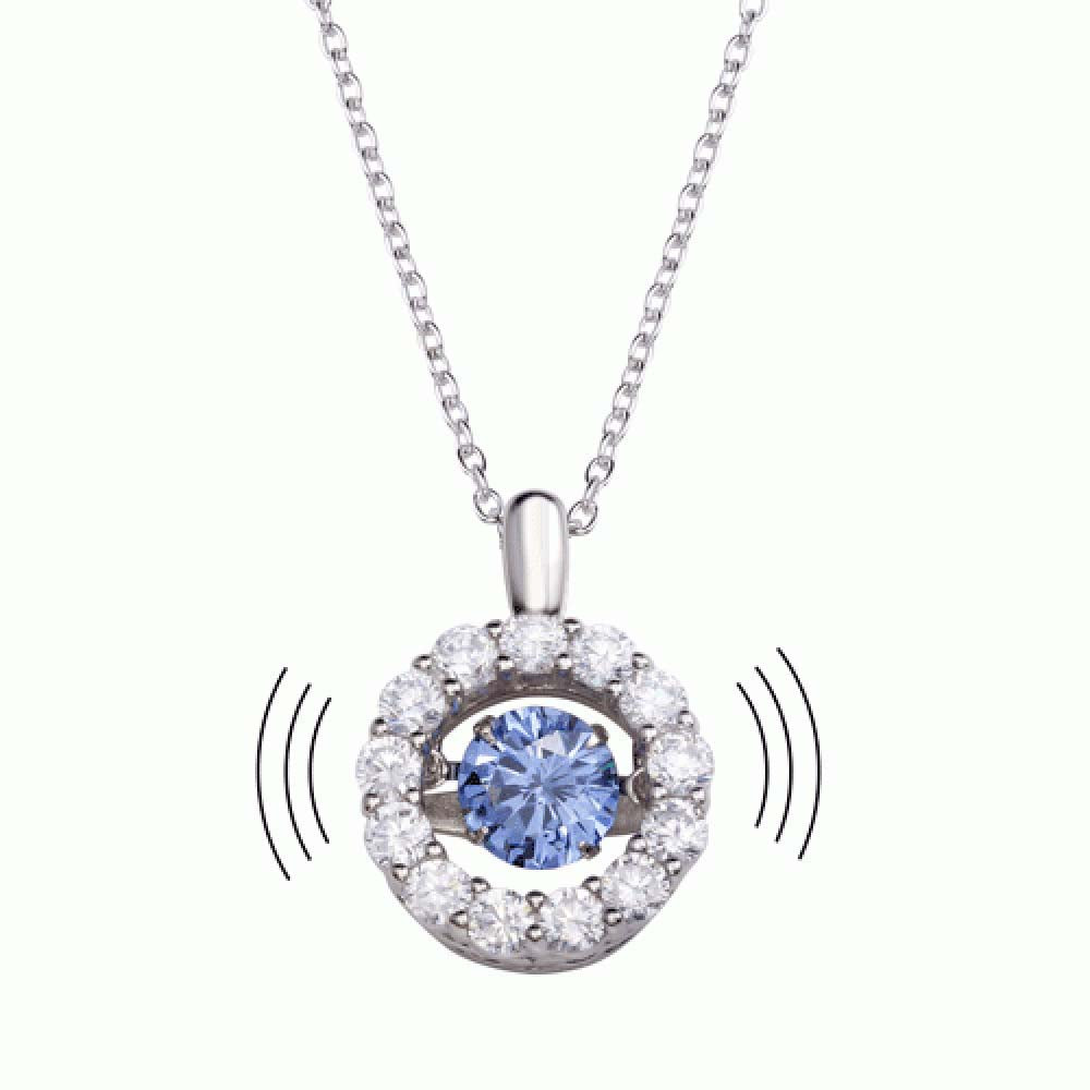 Sterling Silver Rhodium Plated Open Round Dancing Blue CZ Pendant Necklace