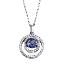 Load image into Gallery viewer, Sterling Silver Rhodium Plated Double Open Circle Pendant Necklace with Dancing Blue CZ