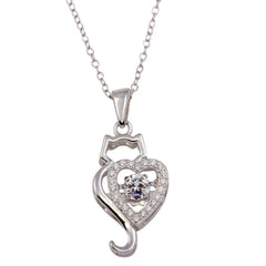Sterling Silver Rhodium Plated Dancing CZ Heart Cat Necklace