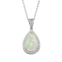 Load image into Gallery viewer, Sterling Silver Rhodium Plated Teardrop Synthetic Opal Pendant Necklace with CZ